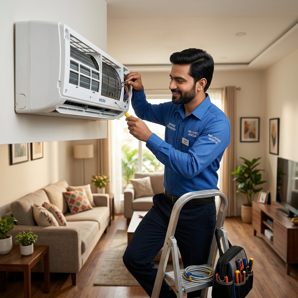 Quick Aircon Techno Services Indian appliance repair specialist servicing a split AC unit in Hyderabad