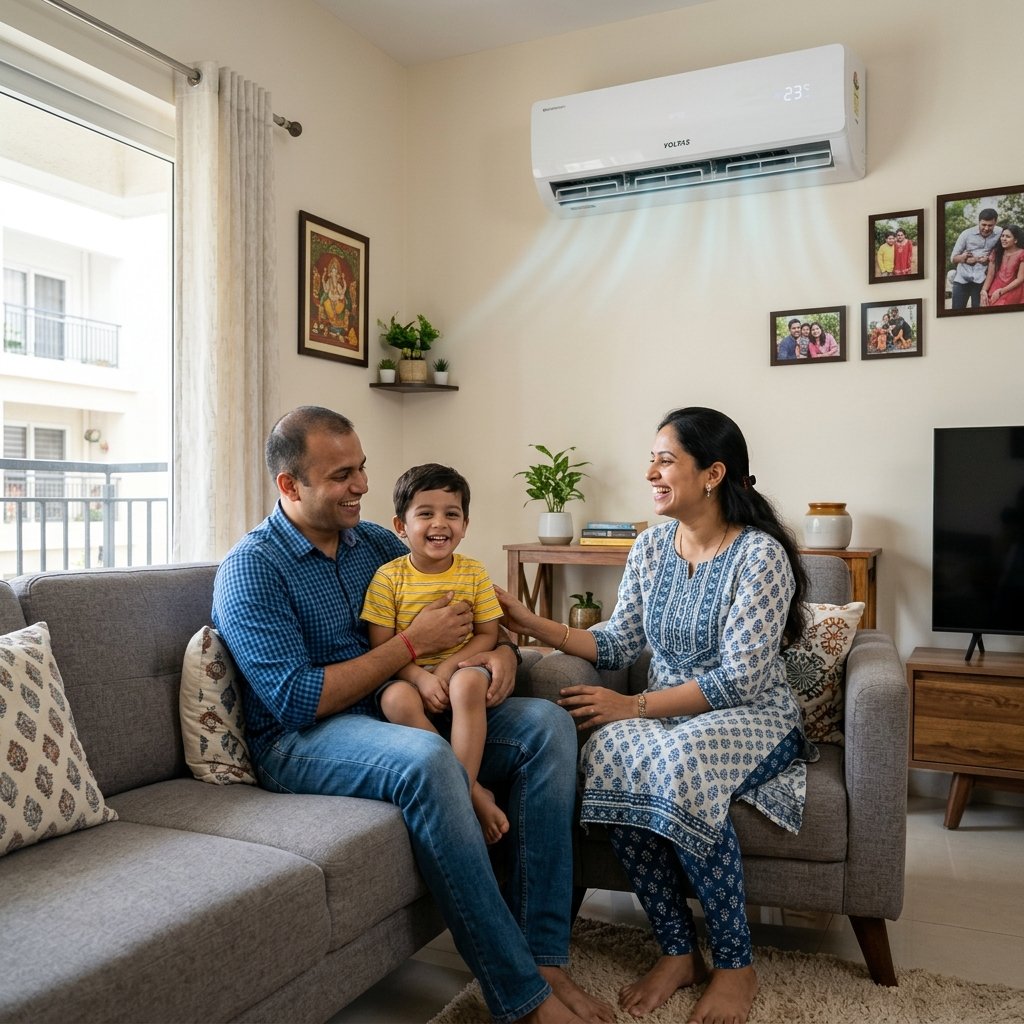 Happy Indian family in a comfortably cooled room in Hyderabad