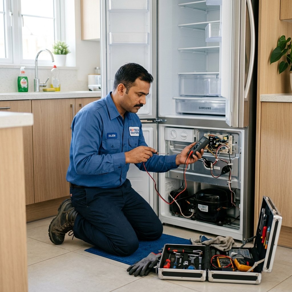 Indian technician performing refrigerator compressor replacement